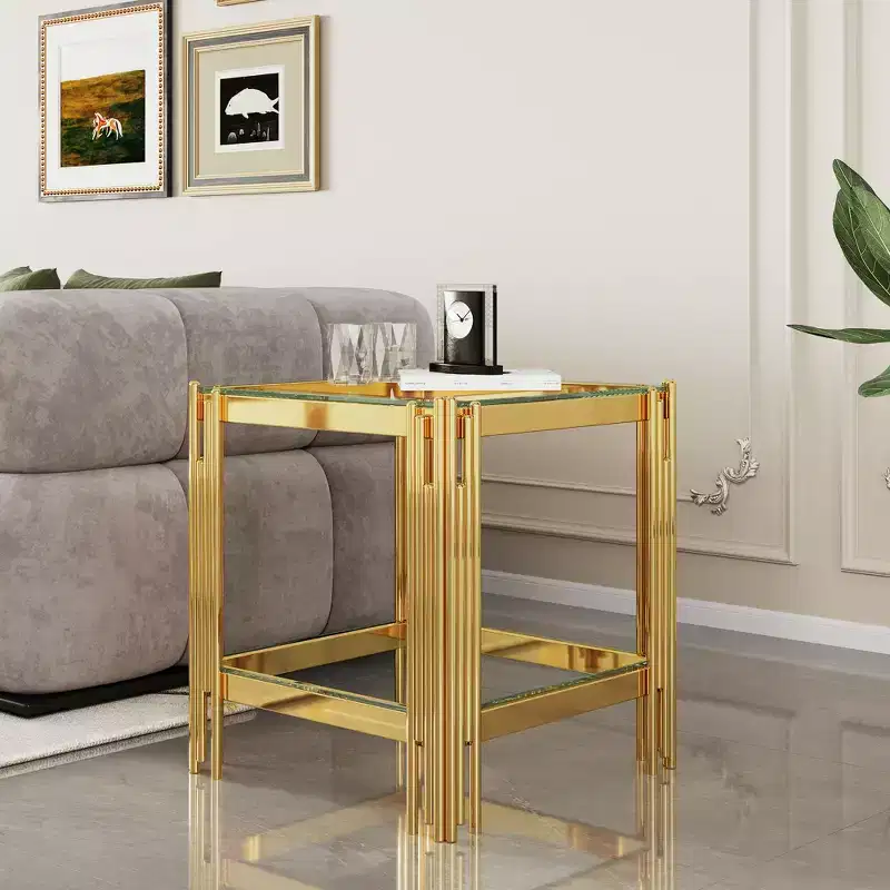 Okak Elegent Double Layer Tempered Glass End Table, Side Table with Mirror Finished Stainless Steel Frame, Accent Table for Living Room