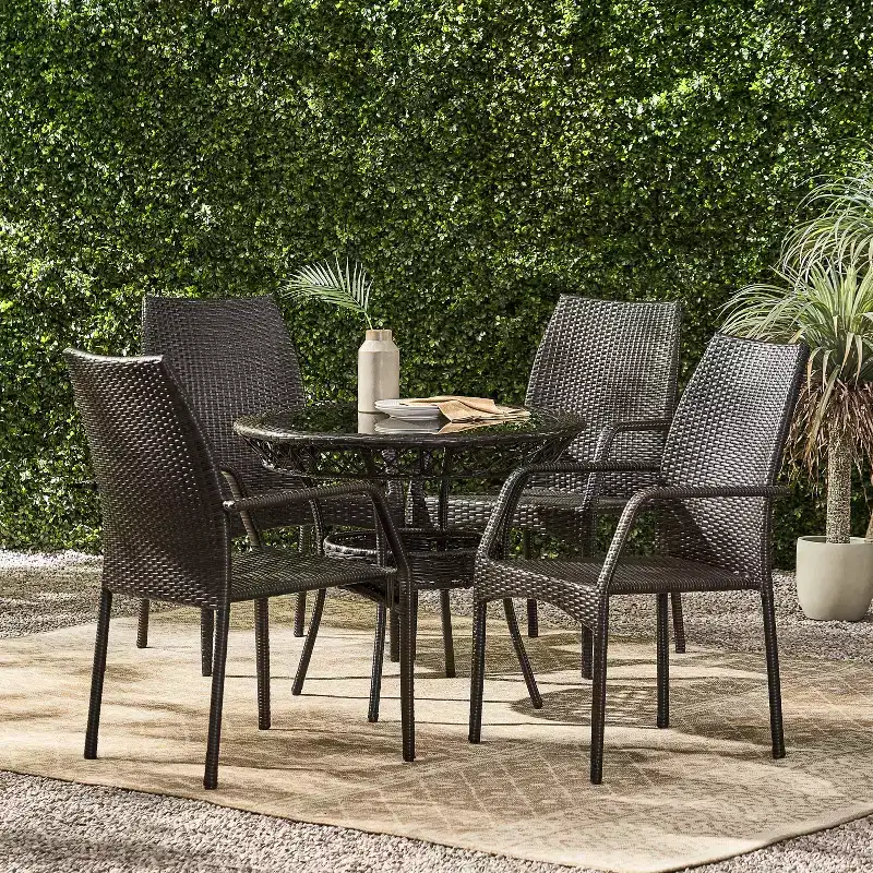 GDFStudio Rue Outdoor Wicker and Tempered Glass 5 Piece Dining Set