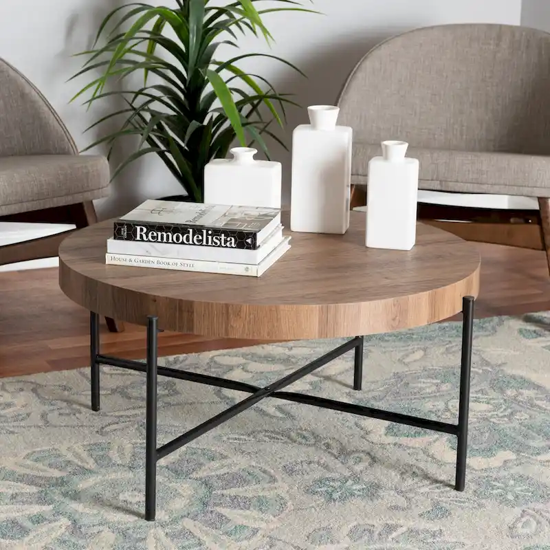 Modern Industrial Walnut Brown Finished Wood and Black Metal Coffee Table