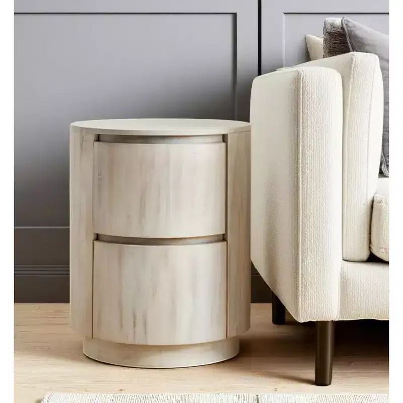 HomeRoots 24 White Solid Wood Round Drum End Table With Two Drawers