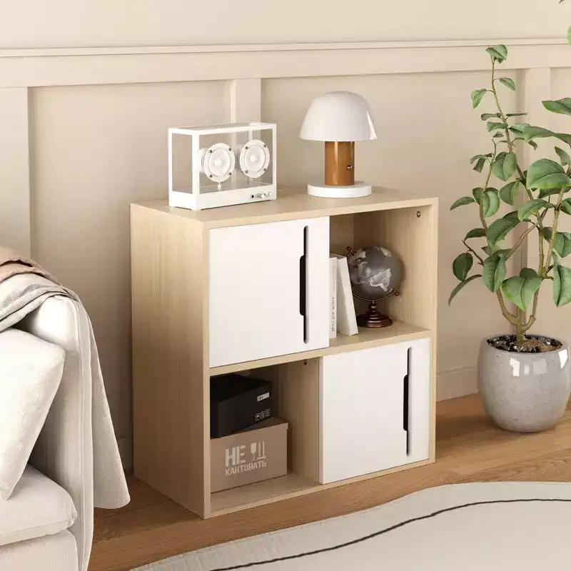 Modern Storage Cabinet with Sliding Doors, 2-Tier Open and Closed Shelves, Natural Wood with White Panels