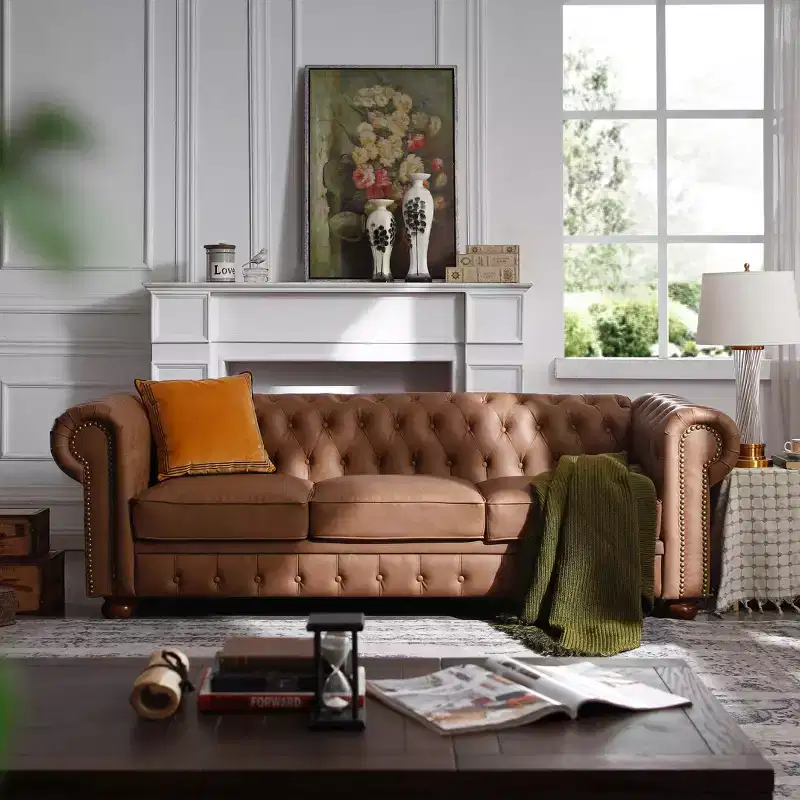 Elegant Chesterfield Technical Leather Sofa, Tufted 3-Seater/2-Seater/1-Seater Couch with Nailhead Trim and Rolled Arms  ModernLuxe