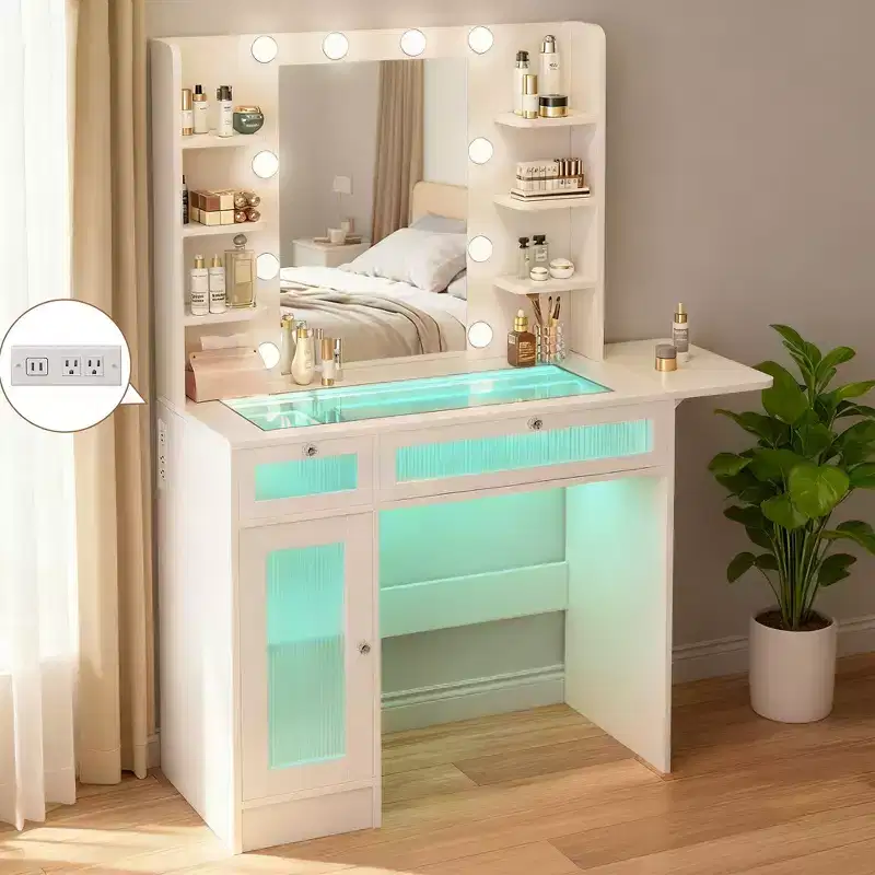 Vanity Desk with Mirror, LED Lights & Power Outlet – 2 Drawers, 6 Shelves, Glass Top