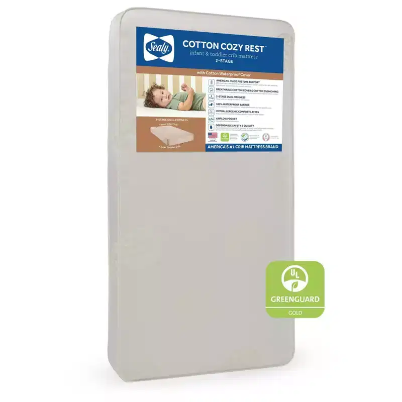 Sealy Cotton Cozy Rest 2-Stage Crib And Toddler Mattress: Hypoallergenic, Waterproof Cover, Firm Feel, 5.5" Thickness