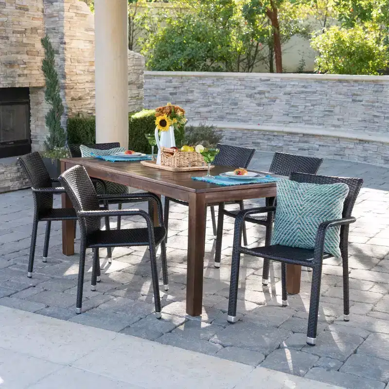Newcastle 7pc Wood & Wicker Dining Set: Aluminum Frame, Weather-Resistant - Christopher Knight Home