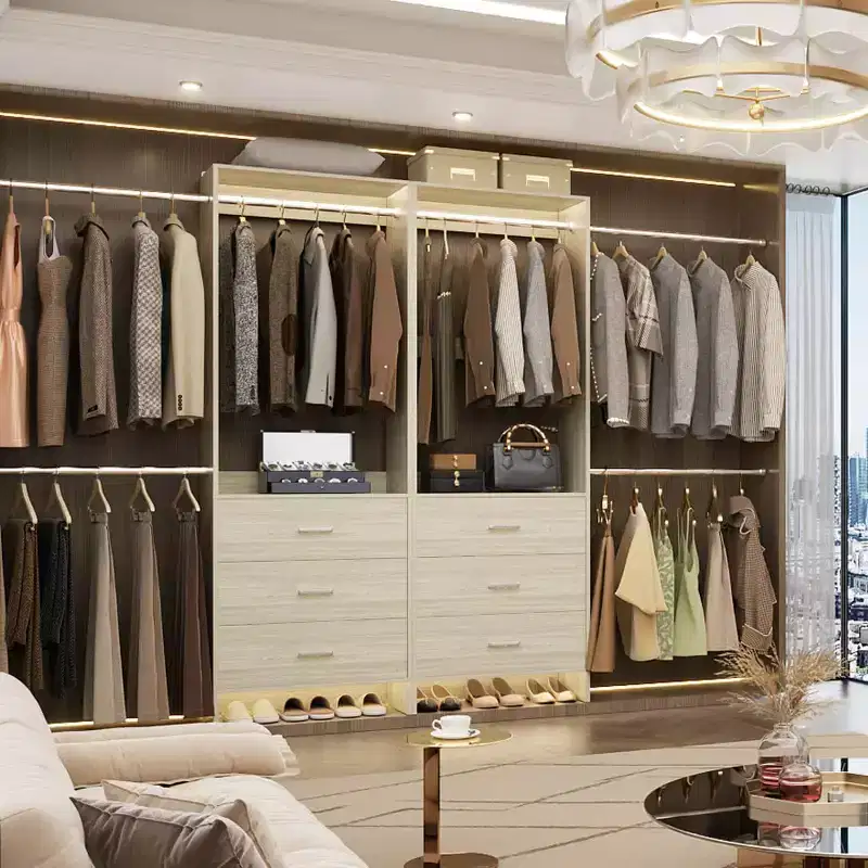 142-In Closet Organizer System with Extendable Hanging Rods, Wardrobe with 6 Wood Drawers