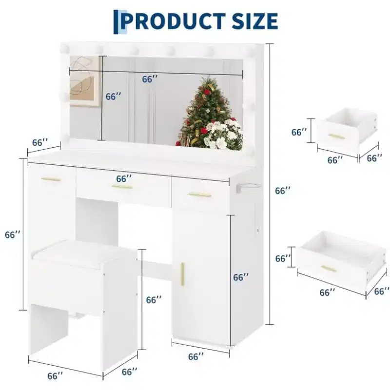 Vanity Desk with Mirror and Lights, Large Makeup Vanity Table with Power Outlet and Stool, 3 Lighting Modes Adjustable Brightness