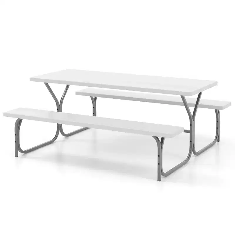 Gymax 6' Outdoor Picnic Table and Bench Set w/ HDPE Wood-Like Tabletop Built-In Umbrella Hole & 2 Benches for Dining & Gatherings Black/Gray/White