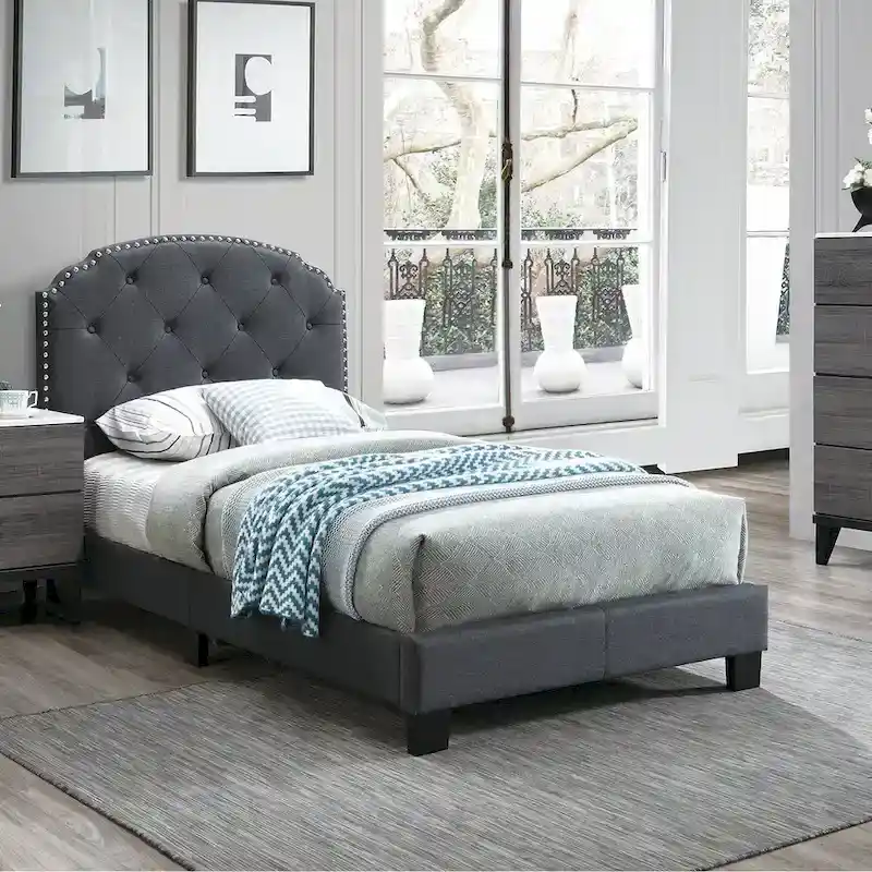 Light Brown / Charcoal / Light Grey Button Tufted Platform Twin Bed, 1-Person