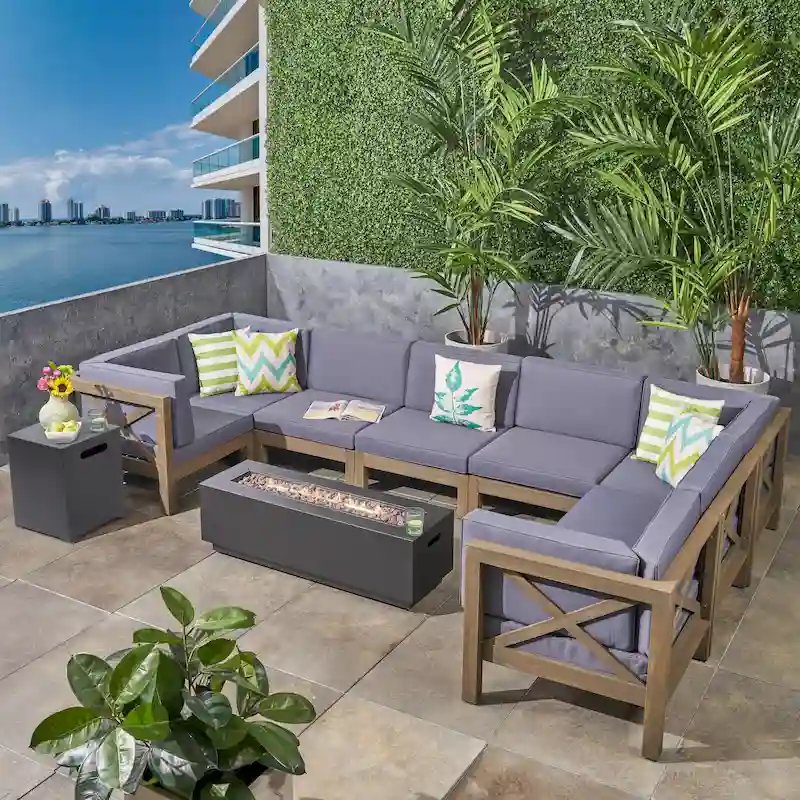 Thasos Outdoor Farmhouse Acacia Wood 8 Seater U-Shaped Sectional Sofa Set with Fire Pit by Christopher Knight Home