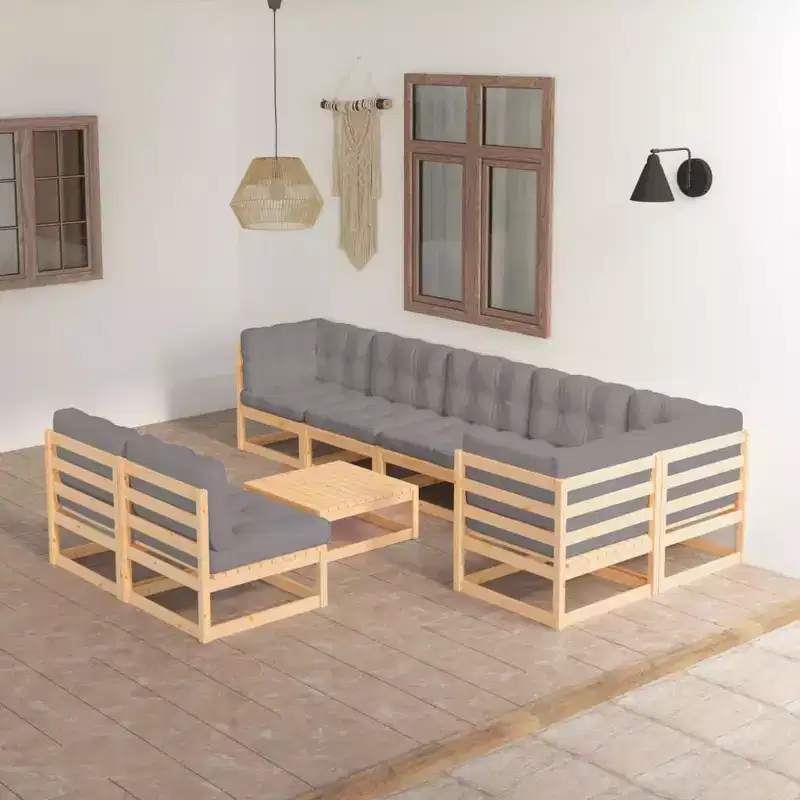 vidaXL Patio Furniture Set 9 Piece Outdoor Sectional Sofa Solid Wood Pine - Natural With Cushions