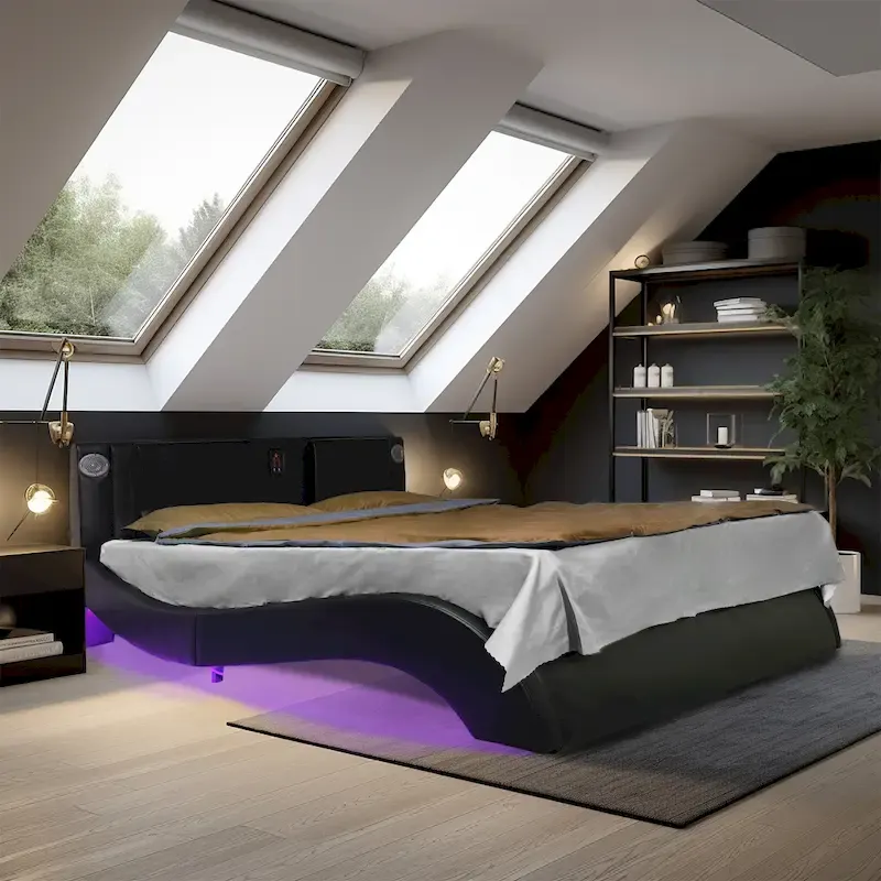 PVC Leather Platform Bed with RGB LED Lights, Bluetooth Speaker & USB Charging