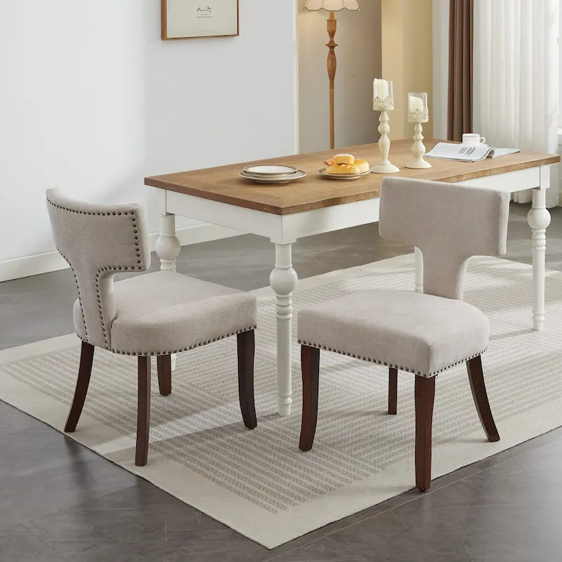 Modern Dining Chairs Set of 2, Linen Fabric Upholstered Accent Chair Curved Backrest Kitchen Chairs with Rubberwood Frame