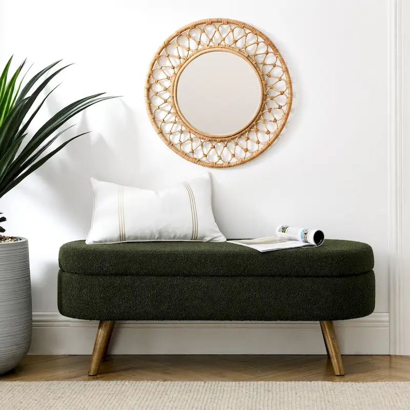 43.5 in. Oval Bedroom Bench Linen Fabric Upholstered Storage Ottoman Bench with Solid Wood Legs Entryway Bench