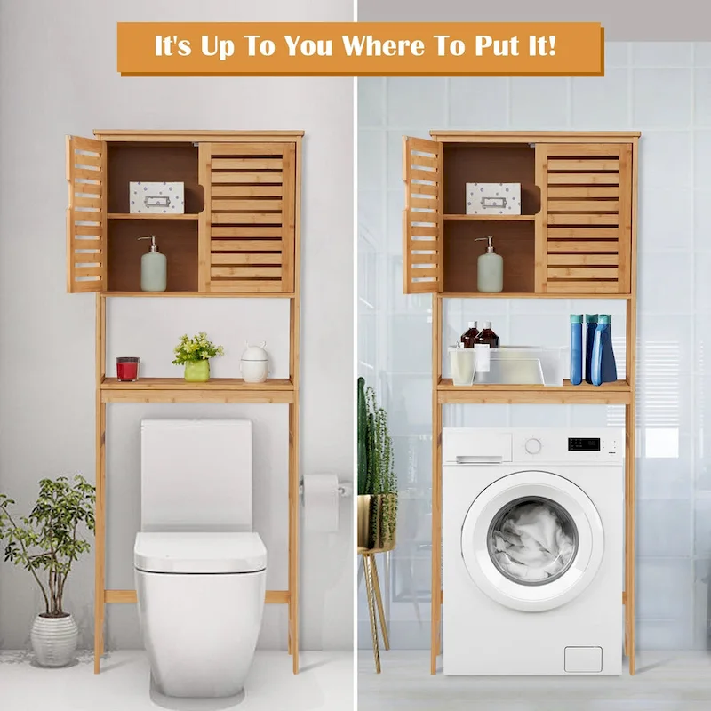 Kinbor Bamboo Over-The-Toilet Organizer Cabinet, Bathroom Storage Shelf with Doors and Shelves Freestanding Space Saver