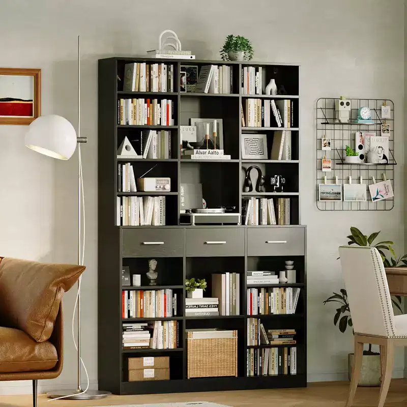Black/White 9-Tier Bookcase with 3 Drawers, Adjustable Shelves