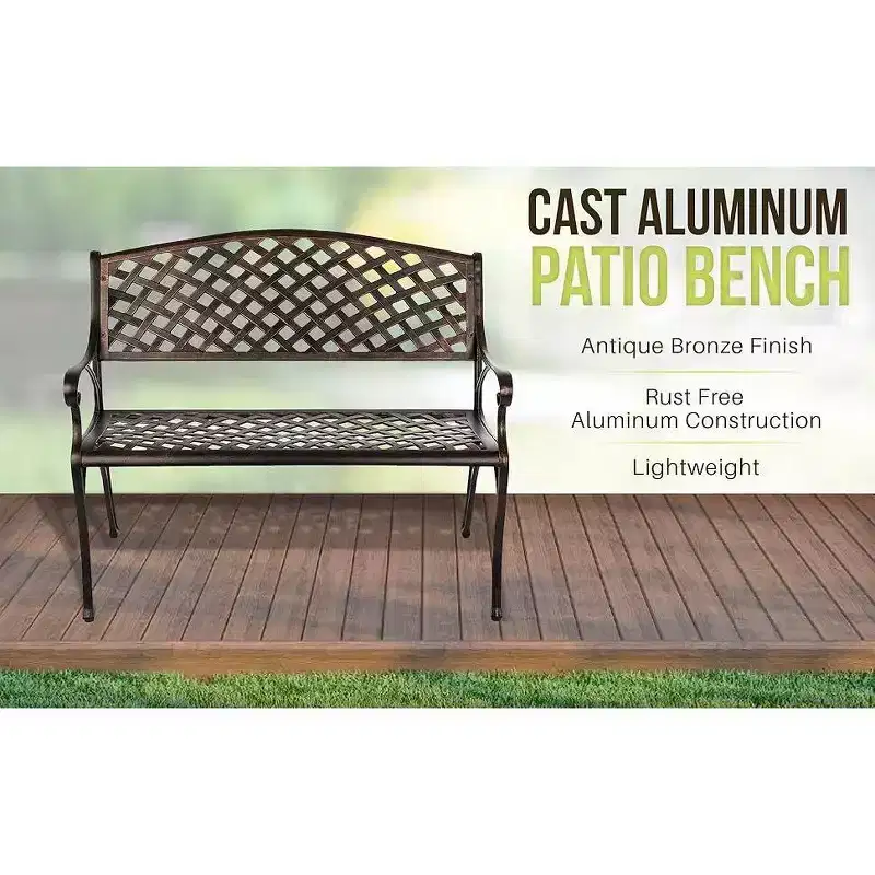 Balkene Home 61491 Patio Bench, Cast Aluminum, Lightweight & Sturdy, Garden/Backyard, Basketweave Design, Antique Bronze