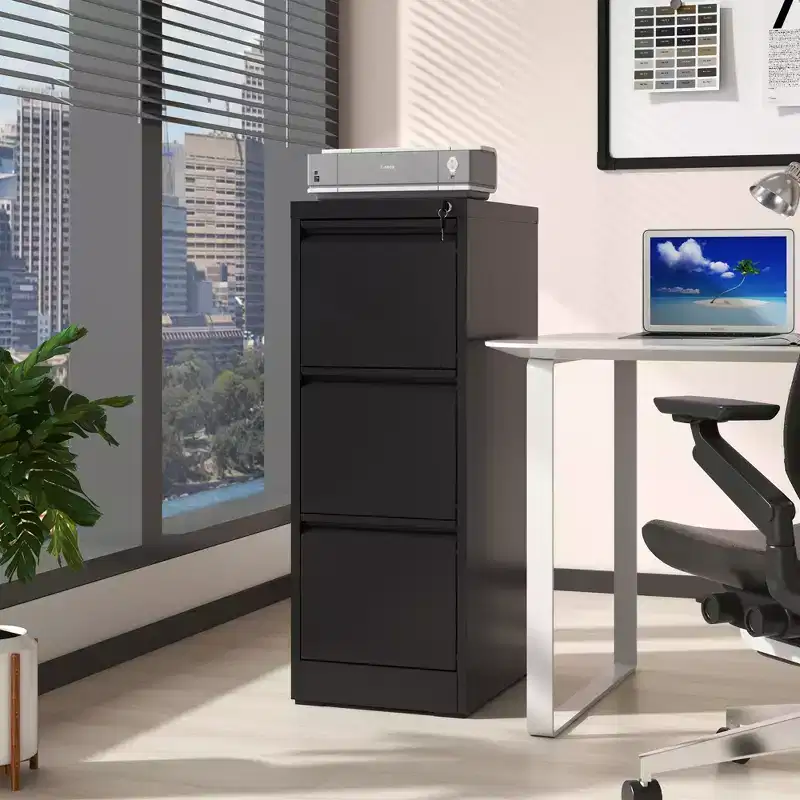 Black/White 3-Drawer Steel Vertical File Cabinet with Lock