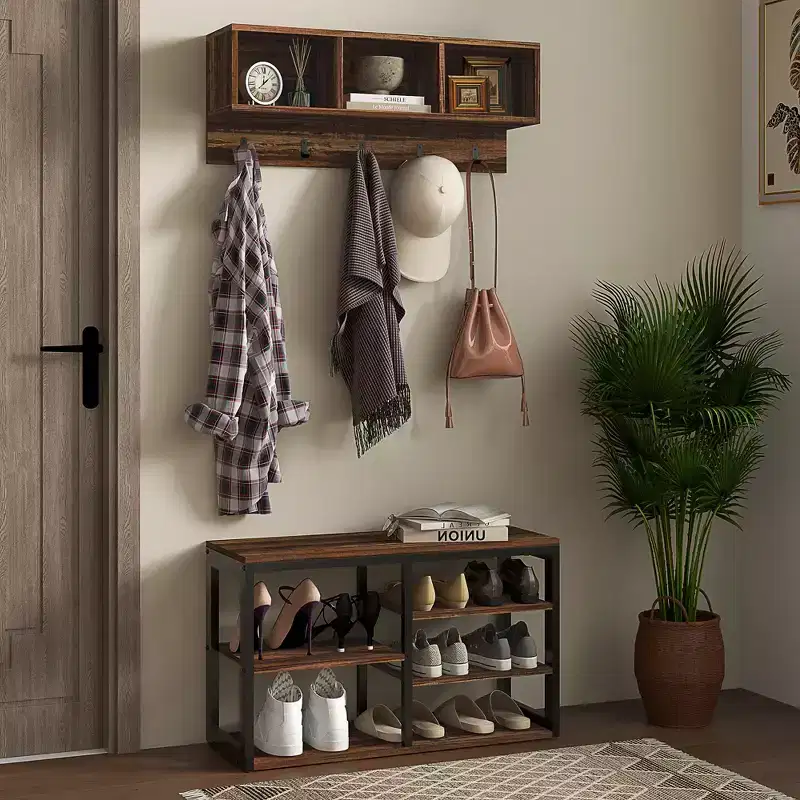 MAYEERTY Hall Tree with 5 Hooks Bench and Shoe Storage for 10 Pairs of Shoes for Entryway 2 in 1 Coat Rack Shoe Bench Set