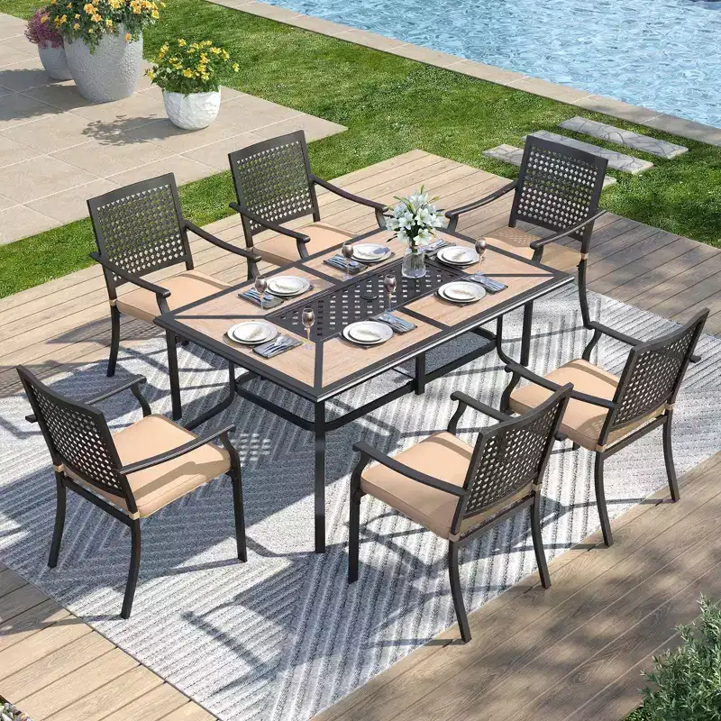 7pc Outdoor Dining Set with Faux Wood Table with Umbrella Hole - Captiva Designs