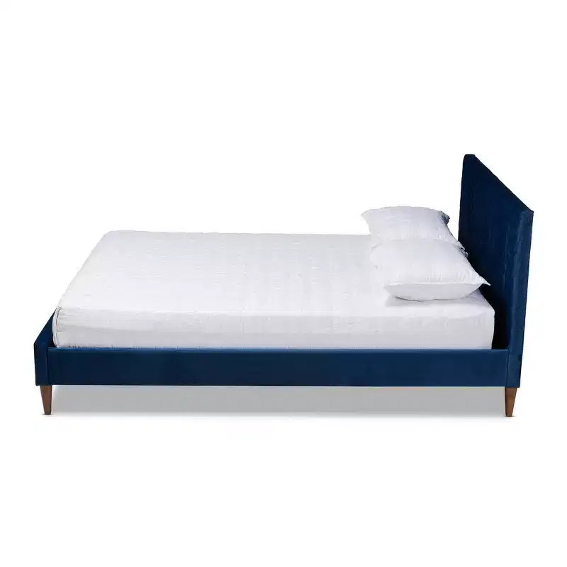 Queen Platform Bed in Navy Blue Velvet, Mid-Century Tapered Legs