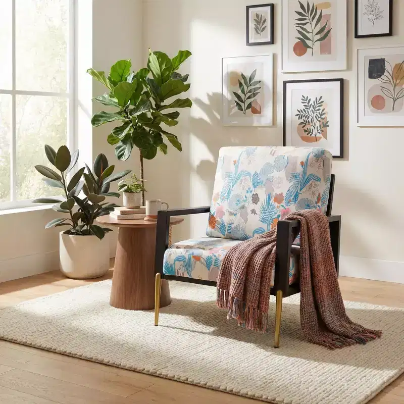 FurnitureR Floral Upholstered Accent Chair with Metal Legs, Modern Printed Lounge Armchair for Living Room, Bedroom or Reading Corner