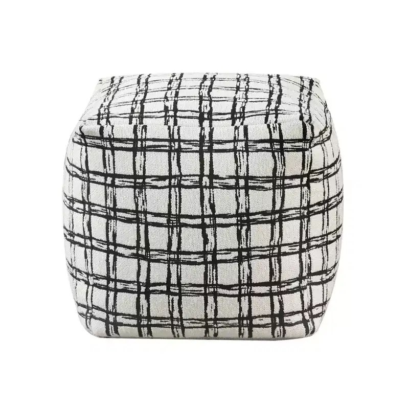 TUYOHW 16H Square Pouf Chic Jacquard Ottoman for Living Room,Footrest Stool Non-Slip Bean Bag Chair,300lbs Capacity,Black Crossed Stripes