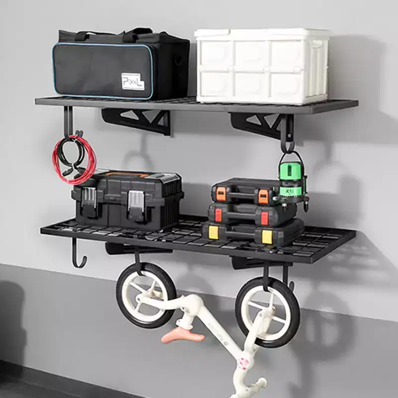 VEVOR 2-Tier Heavy Duty Wall Garage Shelving, 2 x 4 ft Steel Wall Mounted Shelving Unit with Hooks, 24x48 In Floating Storage Metal Rack,500 lbs,Black
