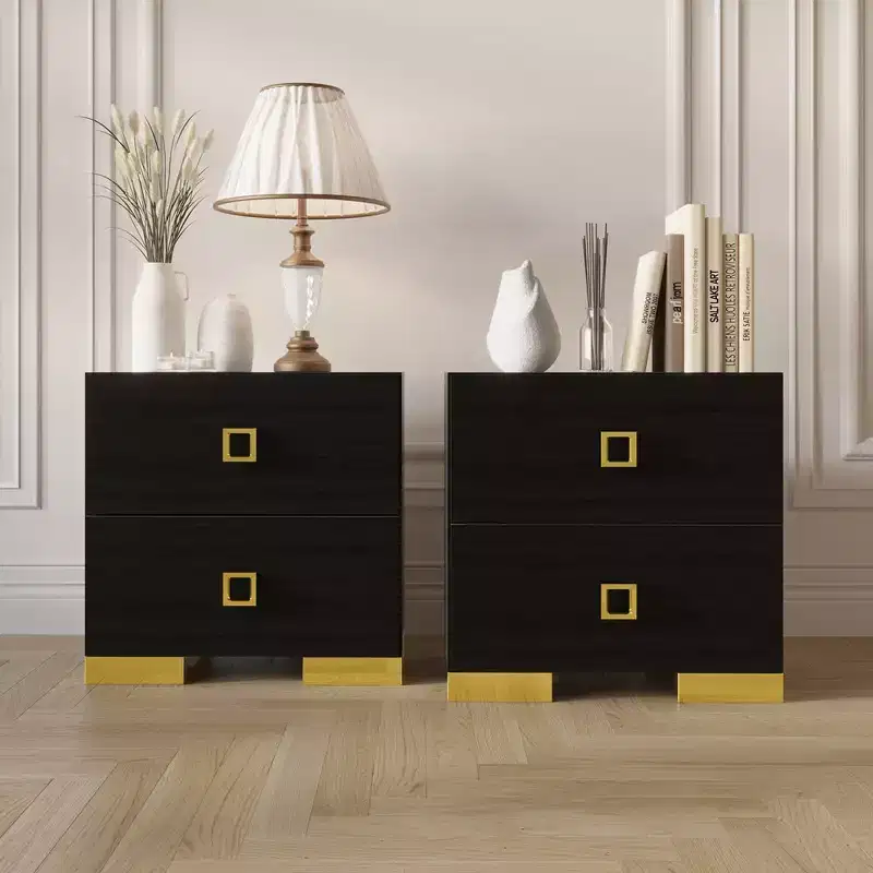 Set of 2 Nightstands with Drawer, Gold Metal Legs, White/Black