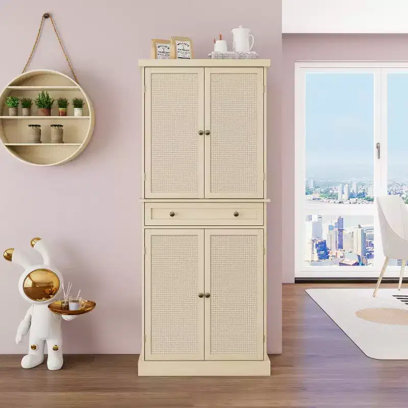 72 Kitchen Pantry Cabinet, Tall Boho Storage Cupboard with Rattan Doors, Central Drawer - Panipeachy