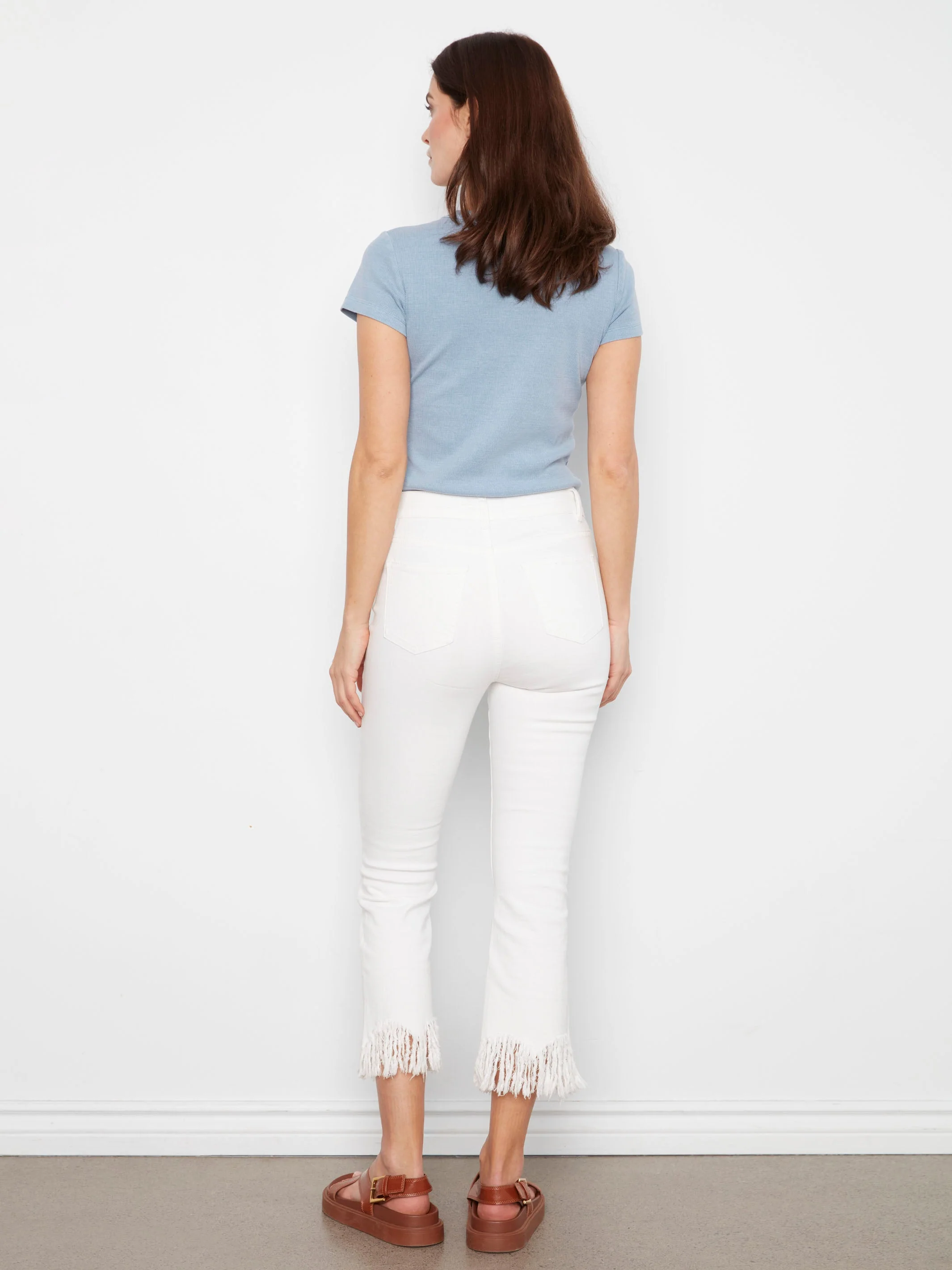 Cropped Jeans With Fringed Hem - White