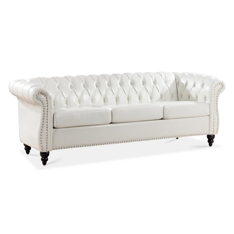 Classically Elegant 84.65 Three-Seater Rolled Arm Chesterfield Sofa in PU Leather - Sturdy Birch Legs, Soft Upholstery