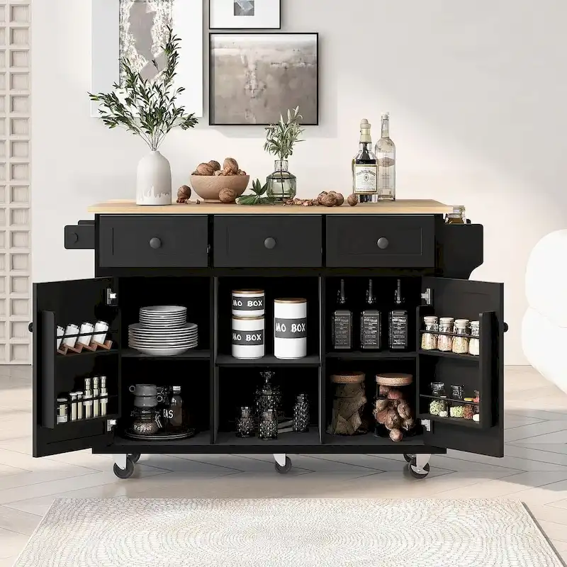 Rubberwood Drop Leaf Countertop Kitchen Cart with Door Inside Storage Rack and 3 Drawers