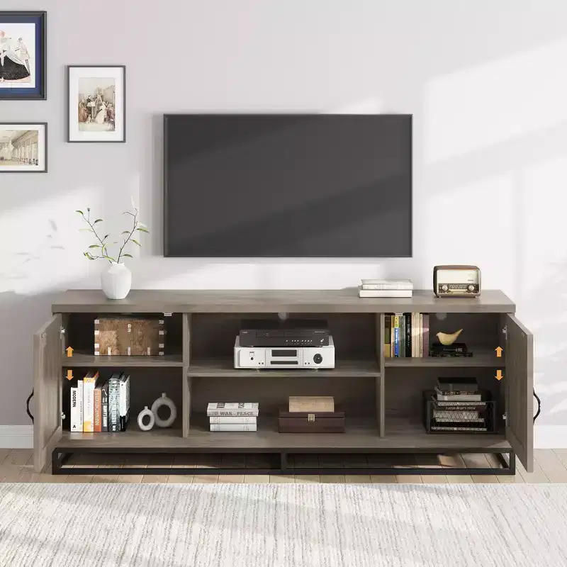 COZONY 63 Mid Century Modern TV Stand for 80 TVs, Media Console with Push-Open Cabinets, Open Shelves