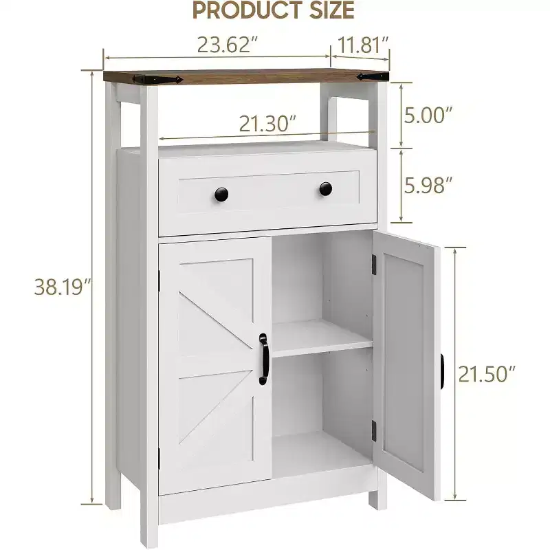 Bathroom Storage Cabinet with Barn Doors, Drawers & Open Shelf, Wood Composite Organizer