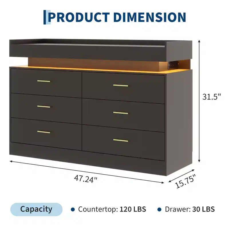 6 Drawer Dresser, Chest of Drawers for Closet with Floating LED Lights & Charging Station, Drawer Cabinet for Bedroom, Living Room, 47.24w pink