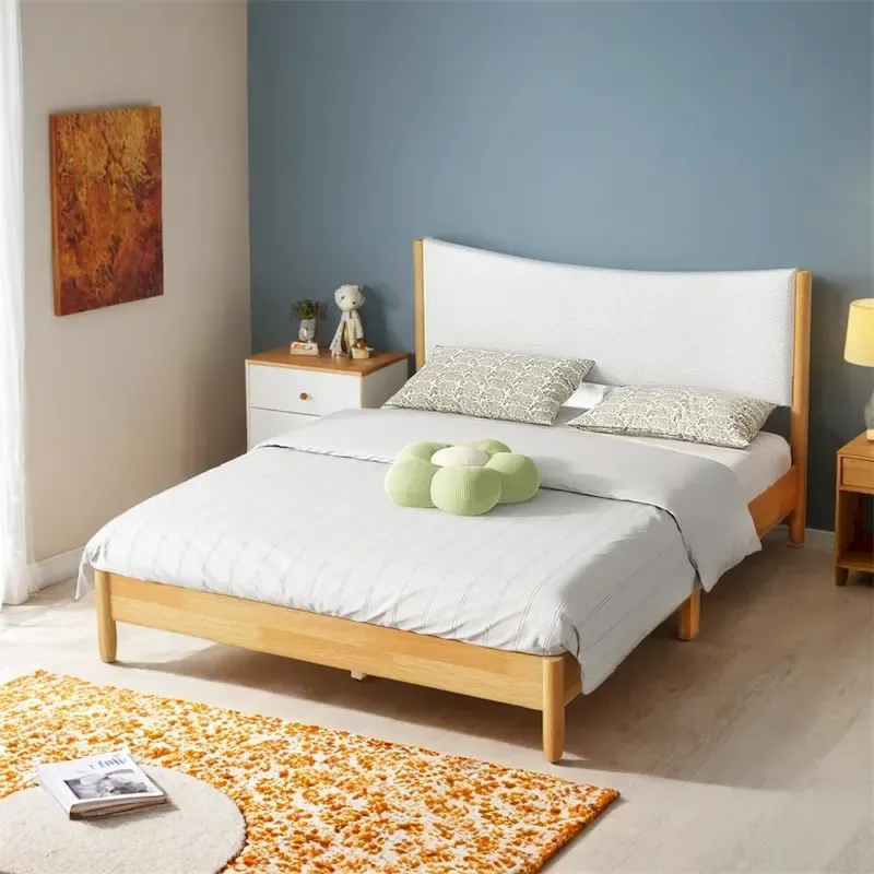 Queen Size Solid Wood Bed with Upholstered Headboard