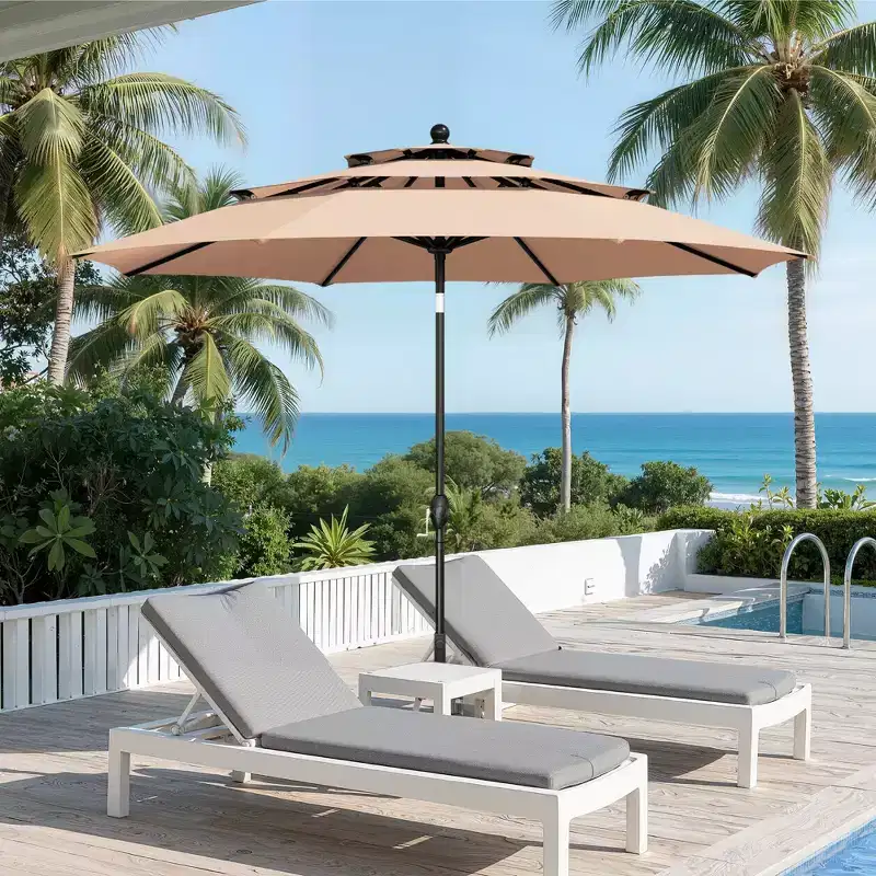 Captiva Designs 6pc Patio Square Table & Fusiform Back Metal Chairs & Beige Umbrella