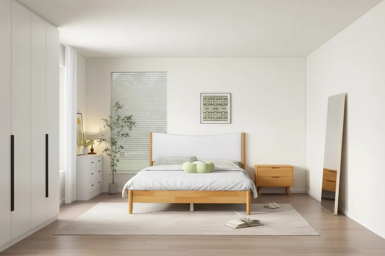 Queen Size Rubberwood Platform Bed with Boucle Upholstered Headboard, Natural