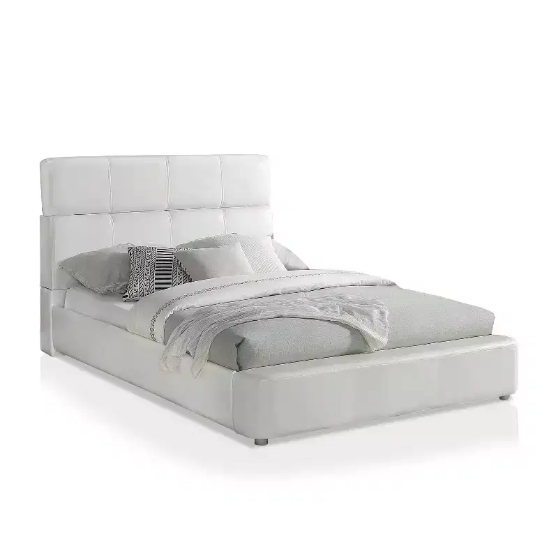Queen Tioga Faux Leather Upholstered Bed White - miBasics: Modern Glossy Platform, Solid Wood Frame, 1000 lb Capacity