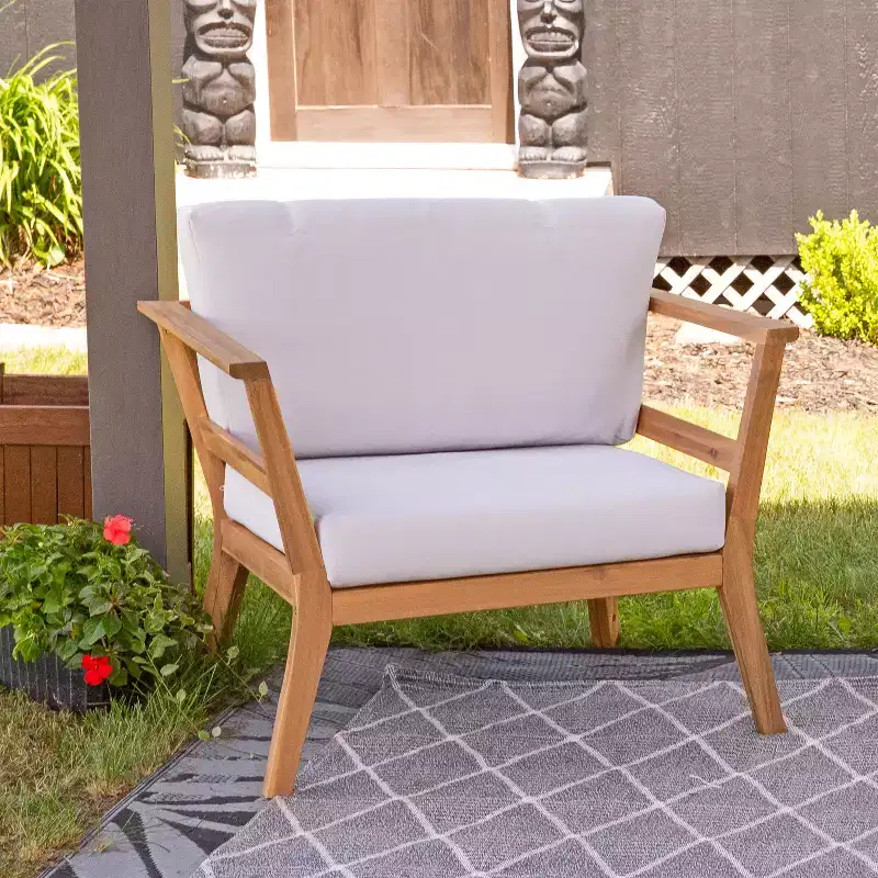 Sunnydaze Bodie Acacia Wood Patio Armchair with Bone White Cushions - Natural