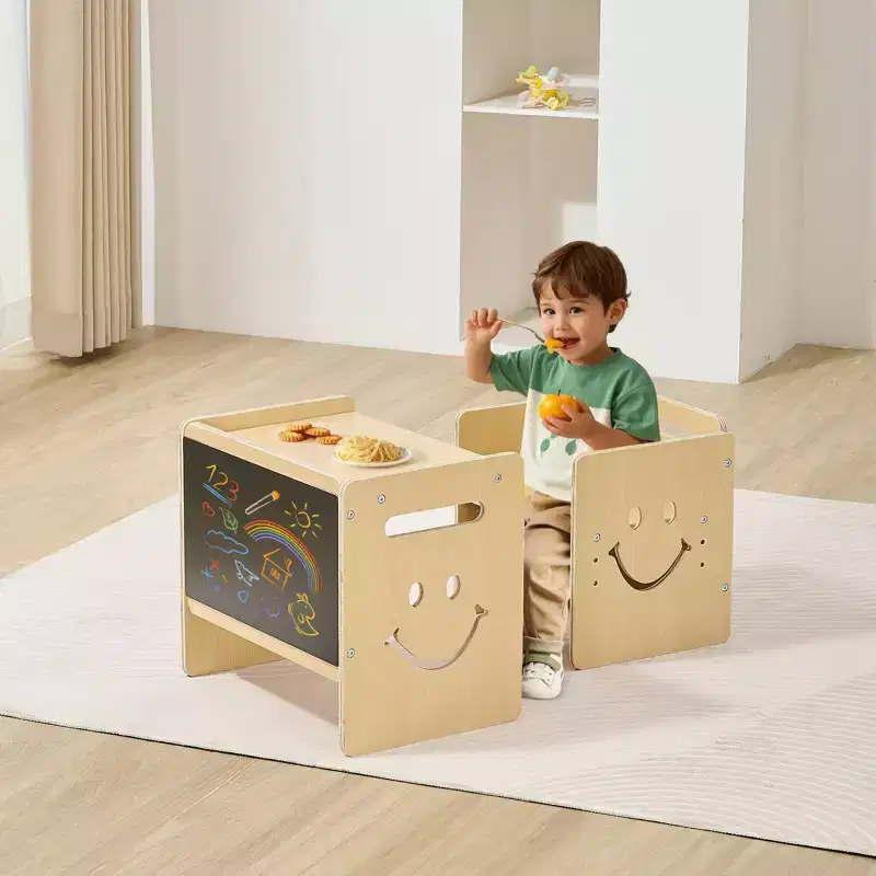 3-in-1 Montessori Kids Table and Chair Set with Chalkboard Adjustable Height Natural