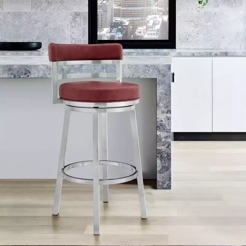 26" Madrid Counter Height Barstool with Red Faux Leather Brushed Stainless Steel Finish - Armen Living: Modern Swivel, Low Back, Armless Design
