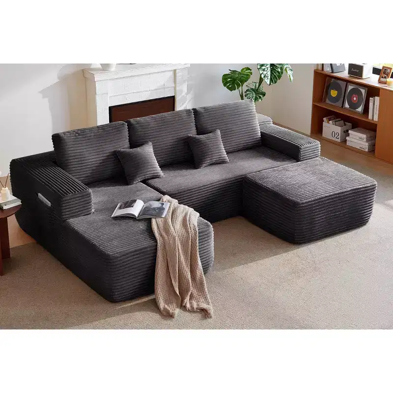 104Cloud Sectional Sofa,U-Shaped Chaise,Deep Seat,Side Pockets,Plush Fabric,No Assembly,Grey,Left Facing