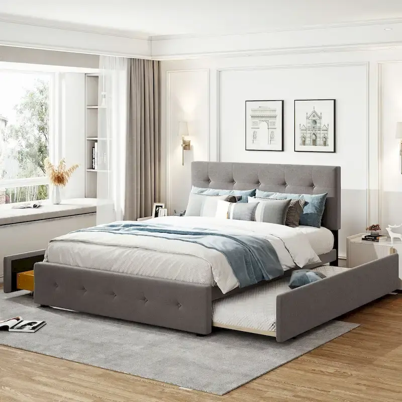 Upholstered Platform Bed with 2 Drawers and 1 Twin XL Trundle, Linen Fabric, Queen Size
