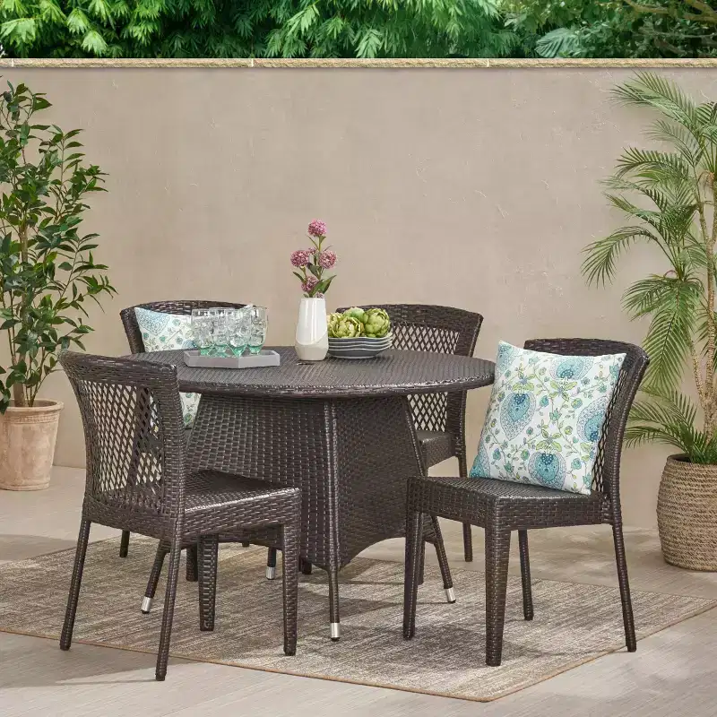 GDFStudio Holmes 5 Piece Outdoor Wicker Dining Set with Round Table and Umbrella Hole