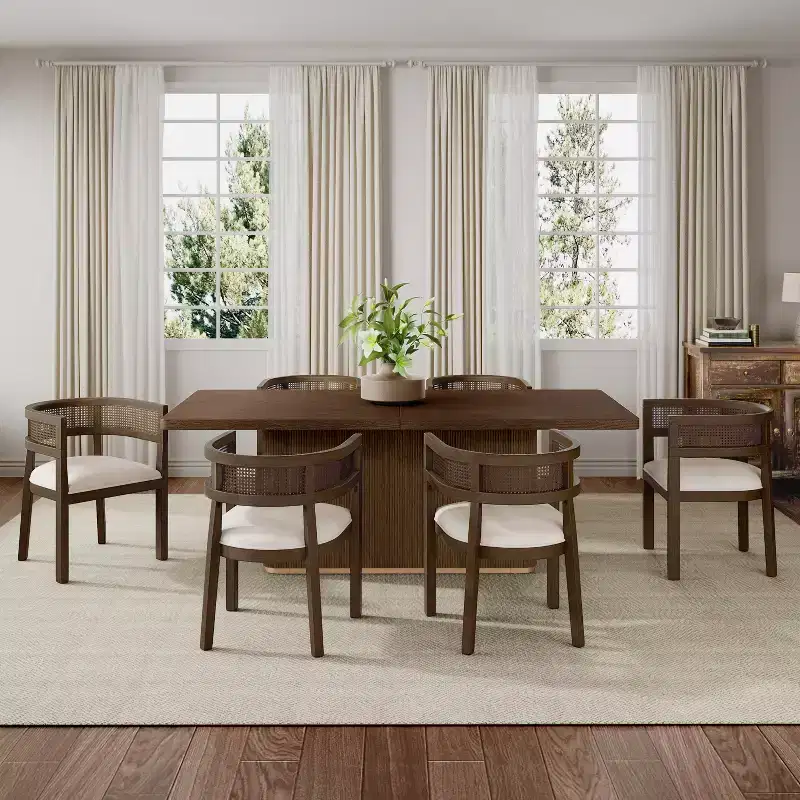 Christopher Knight Home Althara Contemporary 7 Piece Rattan Rubberwood Upholstered Dining Set with Oversized Table