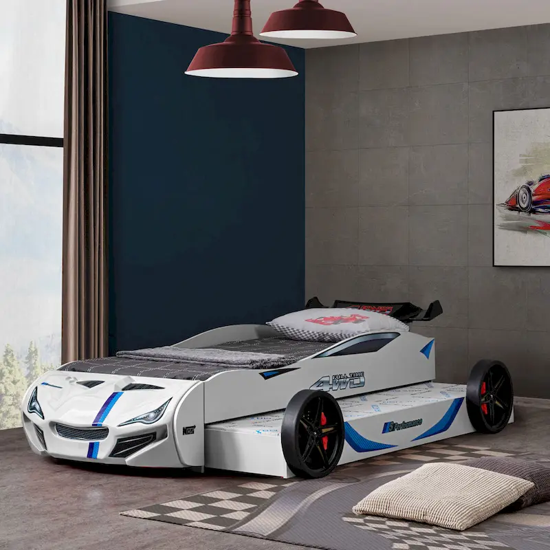 Twin Race Car Kids Bed with Pull-Out Trundle, High-Gloss Finish, No Box Spring Needed