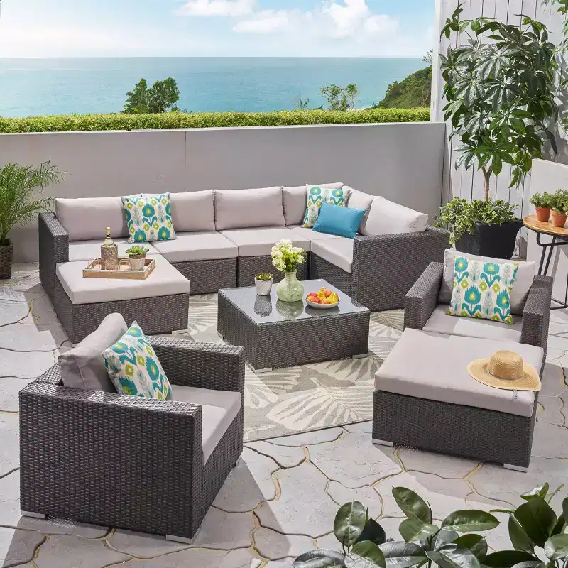 Santa Rosa 10pc Wicker Patio Sectional Sofa Set: Modern Gray Outdoor Seating, Weather-Resistant, Aluminum Frame, Removable Cushions