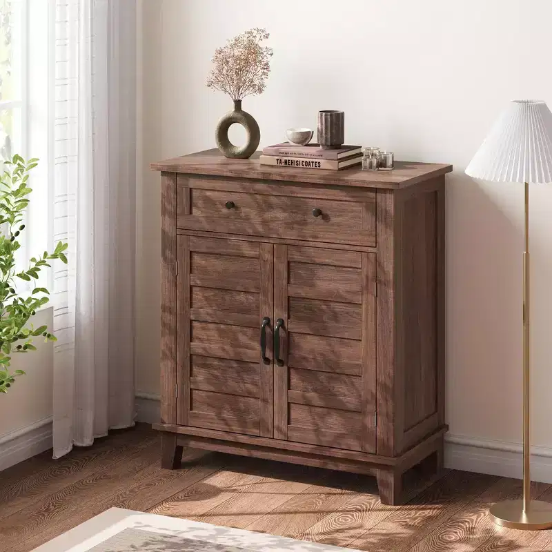 Rustic Storage Cabinet with Adjustable Shelves, Farmhouse Organizer with Slatted Doors for Kitchen and Entryway